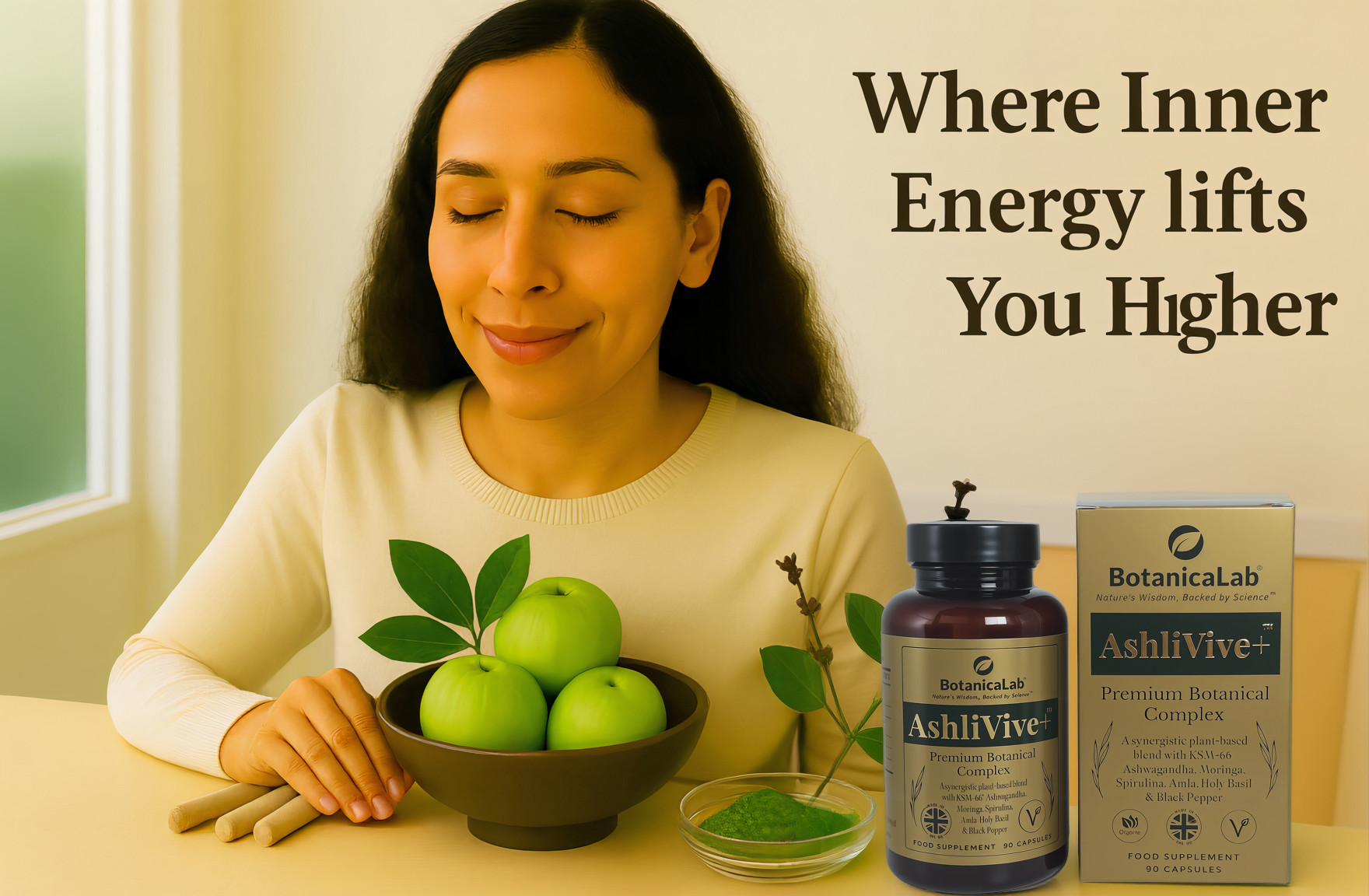 Multicultural adult in calm morning light symbolizing Ayurvedic balance with AshliVive+